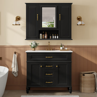 VanityFus 36-in Bathroom Vanity Black Single Sink Medicine Cabinet Miror Combo with Ceramic Top 5 Soft Close Doors 3 Drawers