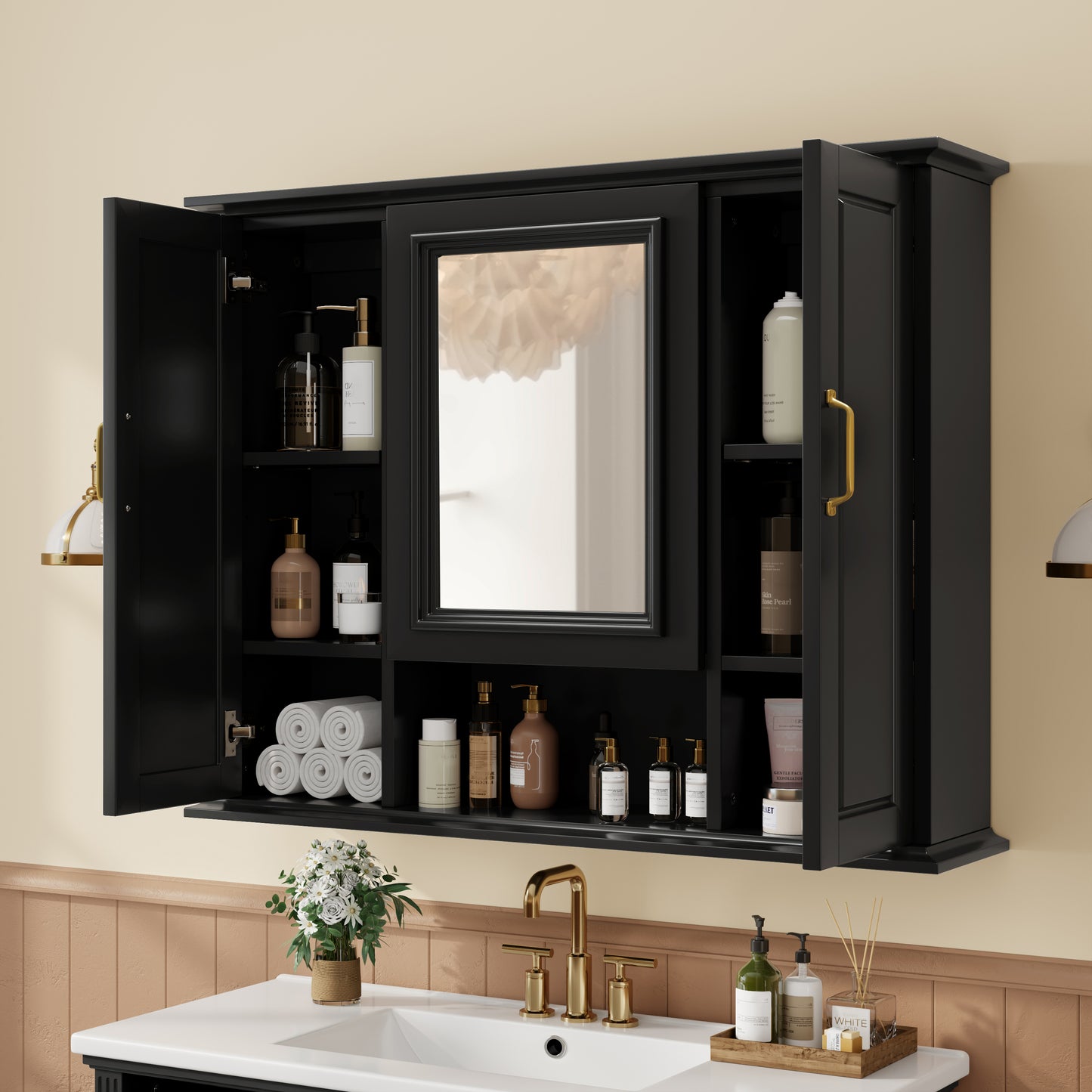 VanityFus 36-in Bathroom Vanity Black Single Sink Medicine Cabinet Miror Combo with Ceramic Top 5 Soft Close Doors 3 Drawers