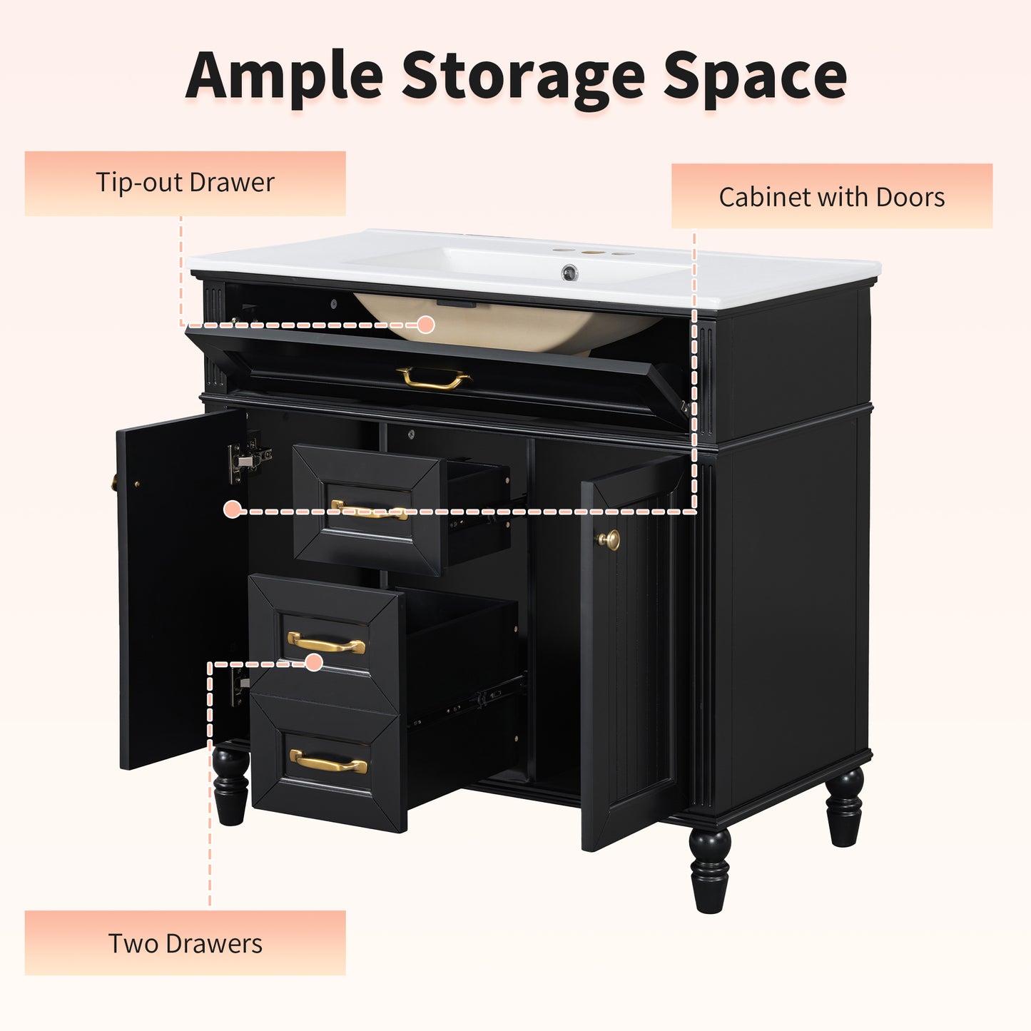 VanityFus 36-in Bathroom Vanity Black Single Sink Medicine Cabinet Miror Combo with Ceramic Top 5 Soft Close Doors 3 Drawers