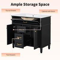 VanityFus 36-in Bathroom Vanity Black Single Sink Medicine Cabinet Miror Combo with Ceramic Top 5 Soft Close Doors 3 Drawers