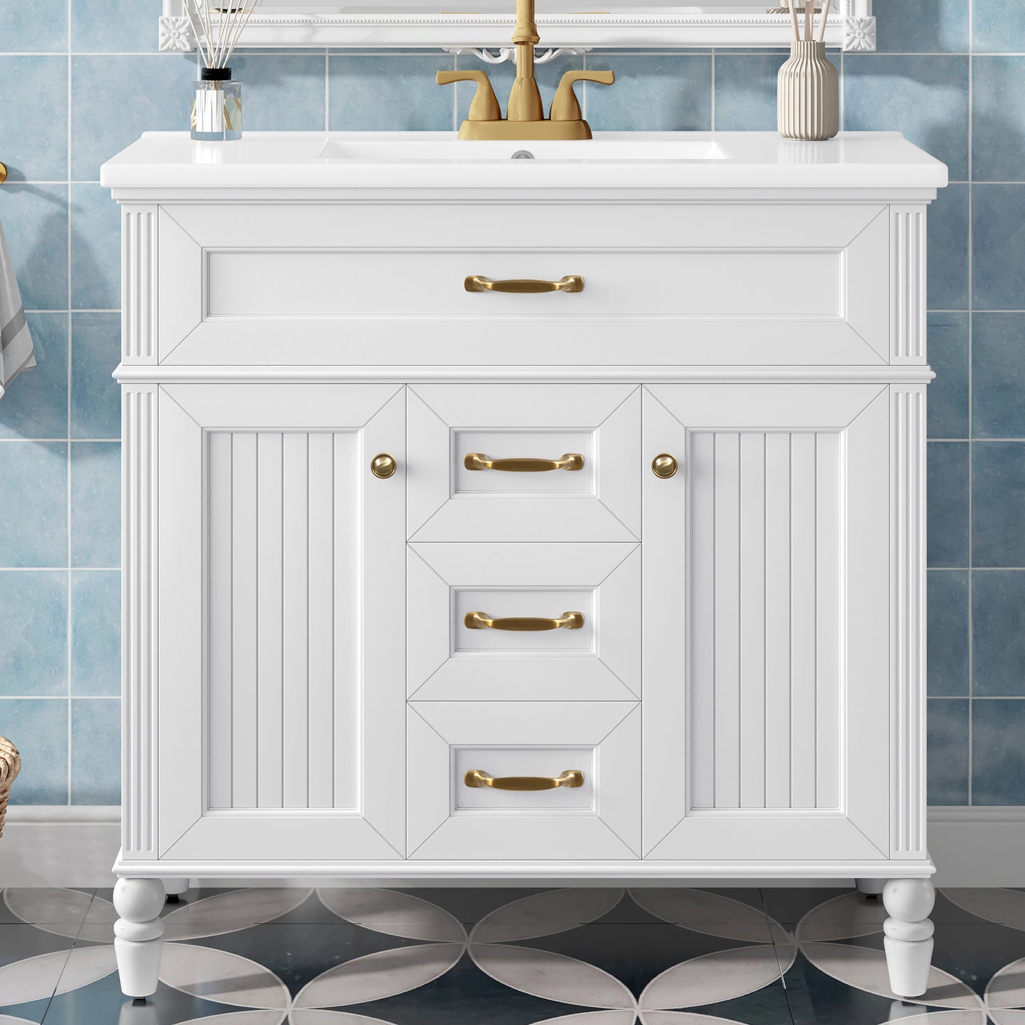 VanityFus 36-in Bathroom Vanity White Single Sink Medicine Cabinet Miror Combo with Ceramic Top 5 Soft Close Doors 3 Drawers