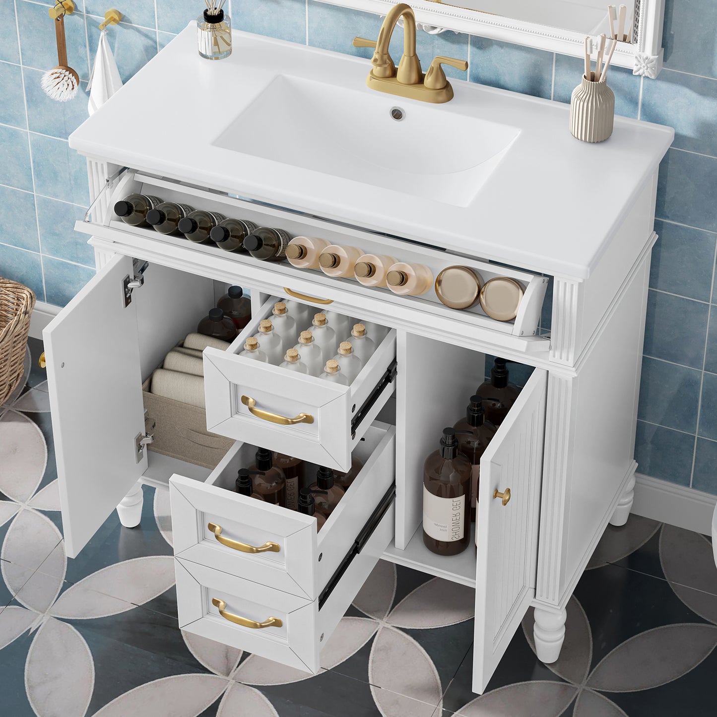 VanityFus 36-in Bathroom Vanity White Single Sink Medicine Cabinet Miror Combo with Ceramic Top 5 Soft Close Doors 3 Drawers