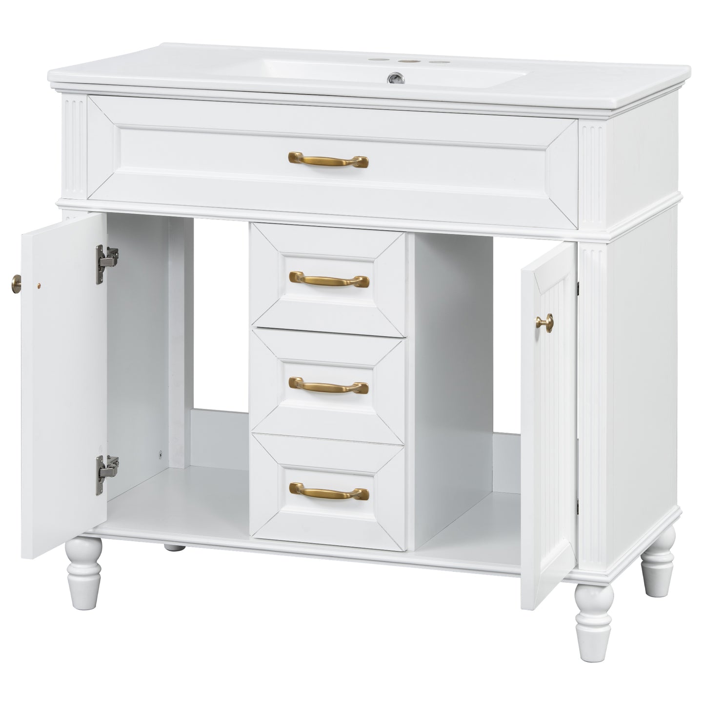 VanityFus 36-in Bathroom Vanity White Single Sink Medicine Cabinet Miror Combo with Ceramic Top 5 Soft Close Doors 3 Drawers