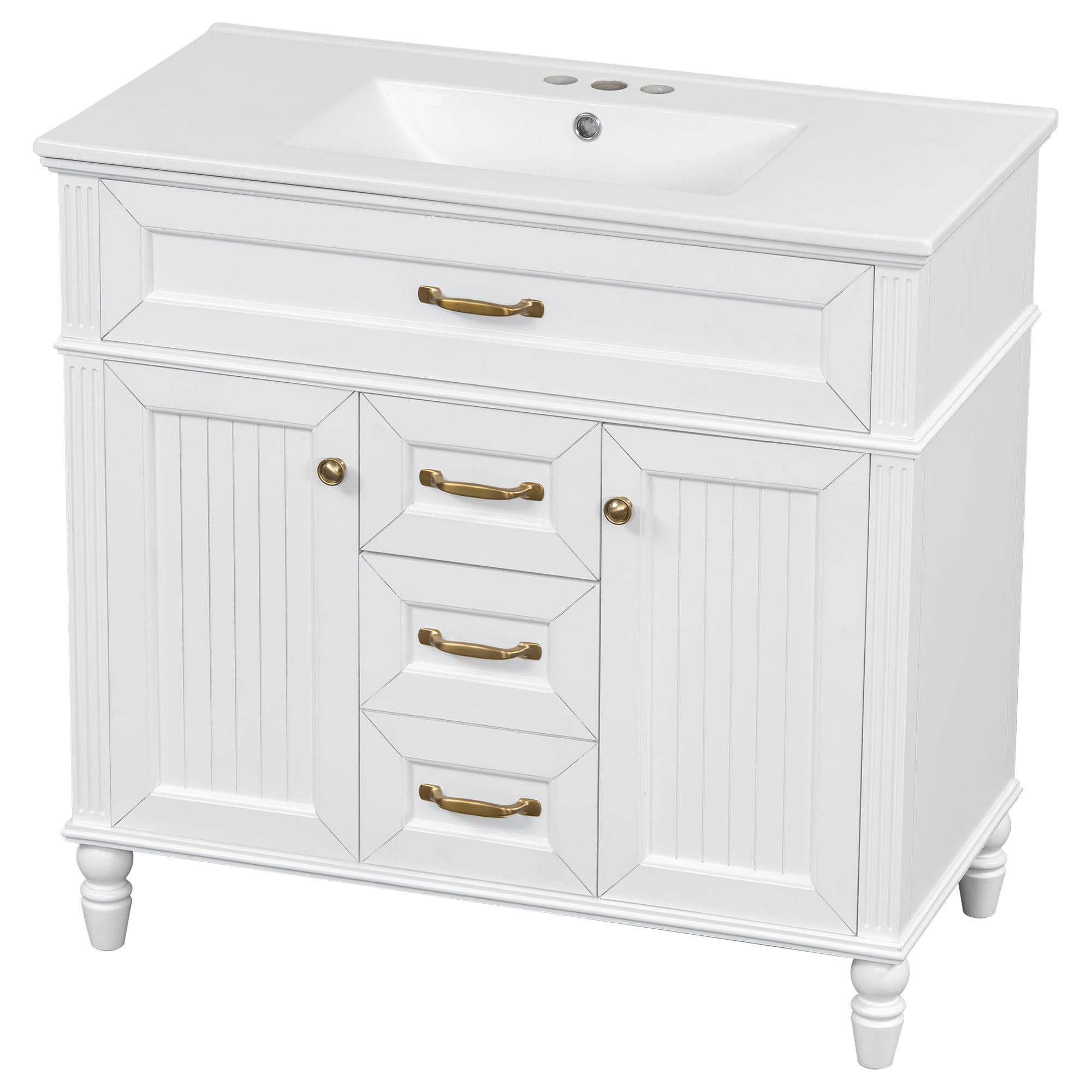 VanityFus 36-in Bathroom Vanity White Single Sink Medicine Cabinet Miror Combo with Ceramic Top 5 Soft Close Doors 3 Drawers