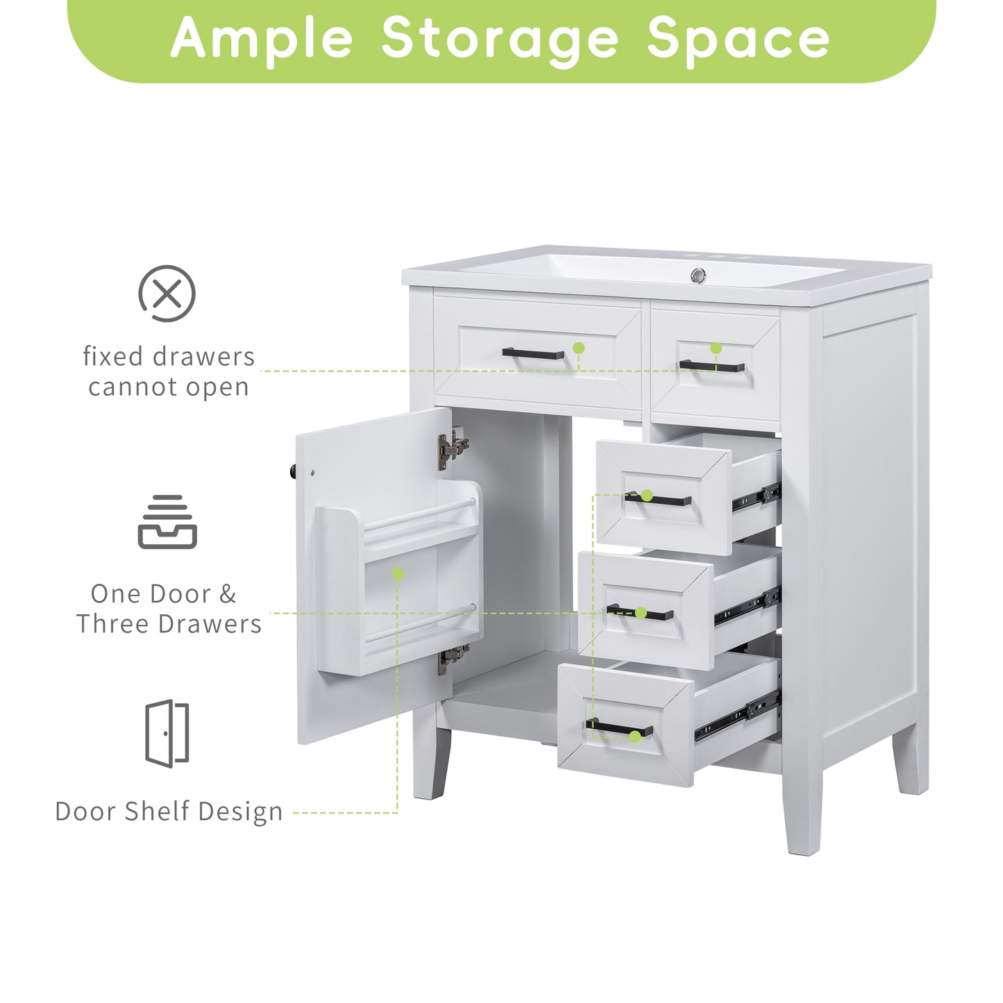 VanityFus 18.6-in White Bathroom Vanity Single Sink Combo Undermount with Ceramic Top 1 door 3 drawers