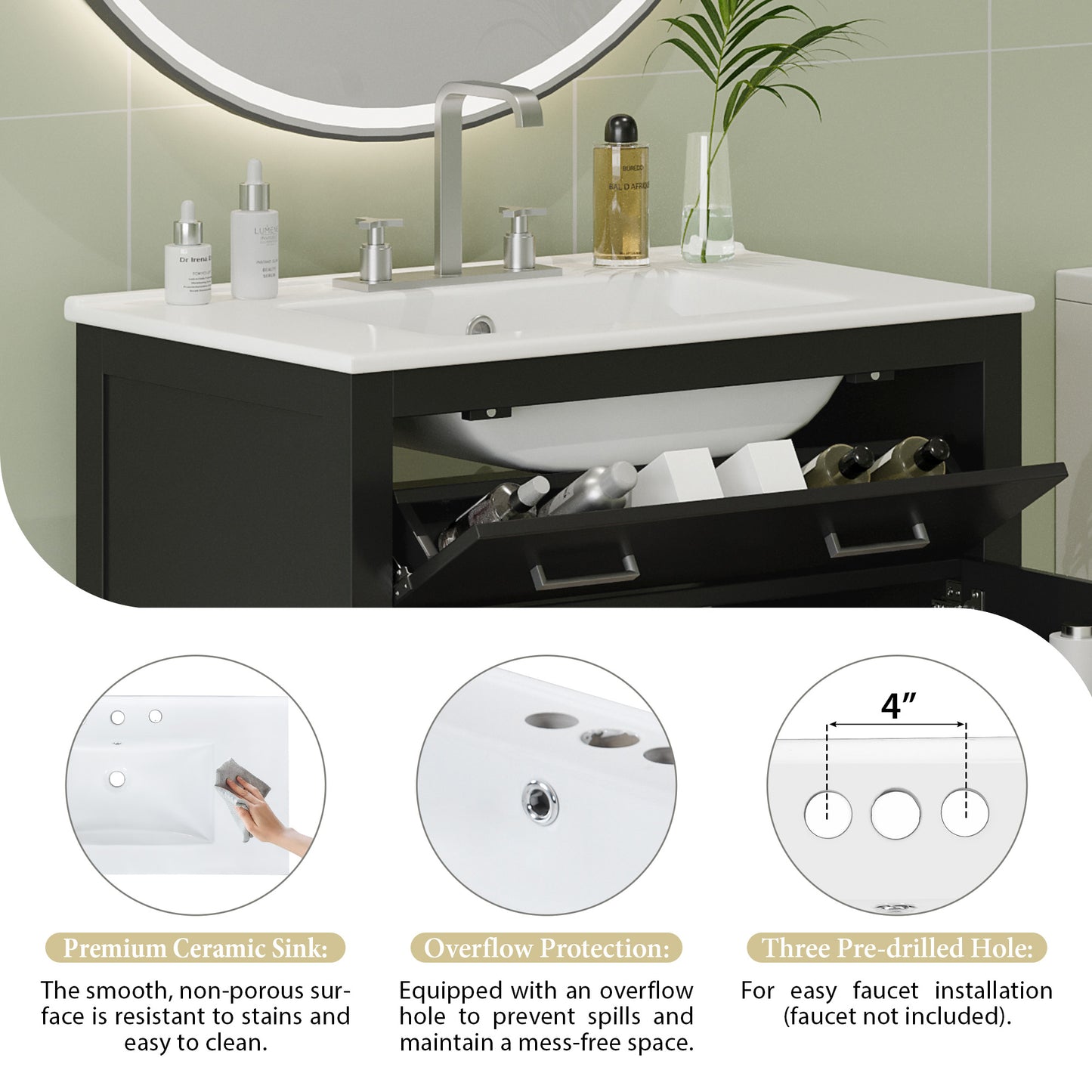 VanityFus 60-in Bathroom Vanity Double Sink Combo Black with White Ceramic Top 4 Soft-Close Doors 2 drawer