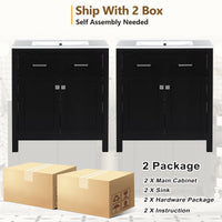VanityFus 60-in Bathroom Vanity Double Sink Combo Black with White Ceramic Top 4 Soft-Close Doors 2 drawer