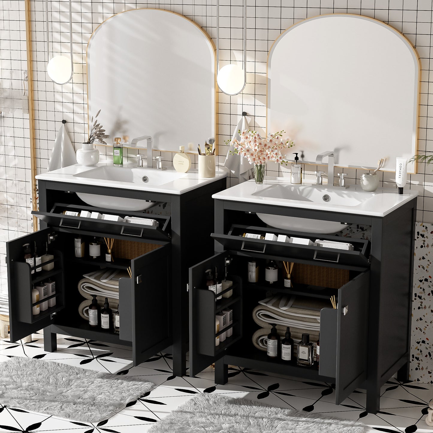 VanityFus 60-in Bathroom Vanity Double Sink Combo Black with White Ceramic Top 4 Soft-Close Doors 2 drawer
