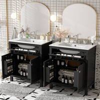 VanityFus 60-in Bathroom Vanity Double Sink Combo Black with White Ceramic Top 4 Soft-Close Doors 2 drawer