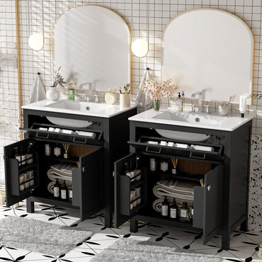VanityFus 60-in Bathroom Vanity Double Sink Combo Black with White Ceramic Top 4 Soft-Close Doors 2 drawer