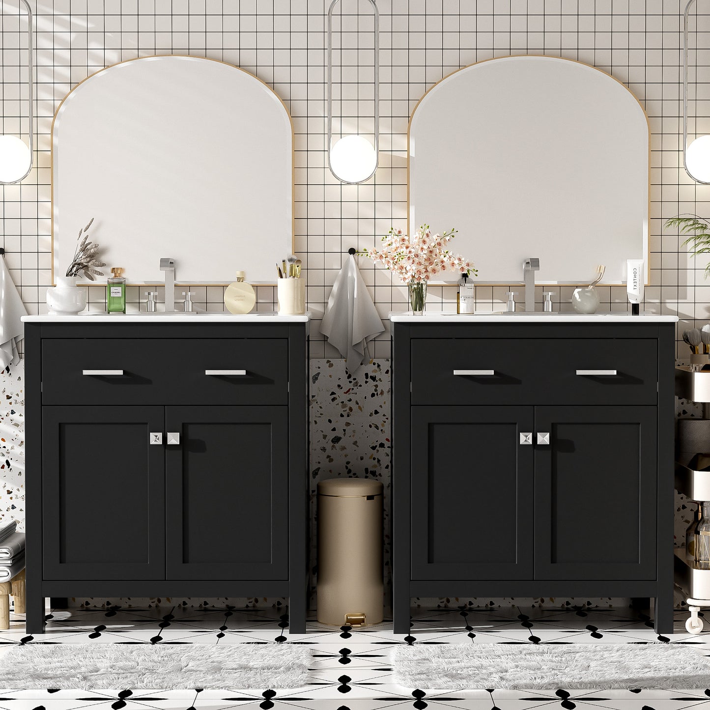 VanityFus 60-in Bathroom Vanity Double Sink Combo Black with White Ceramic Top 4 Soft-Close Doors 2 drawer