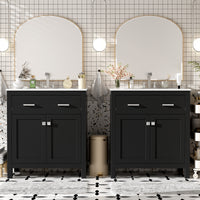 VanityFus 60-in Bathroom Vanity Double Sink Combo Black with White Ceramic Top 4 Soft-Close Doors 2 drawer