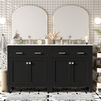 VanityFus 60-in Bathroom Vanity Double Sink Combo Black with White Ceramic Top 4 Soft-Close Doors 2 drawer