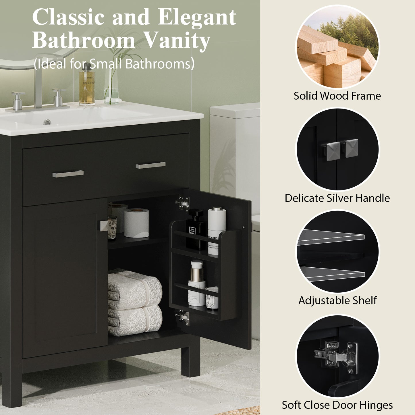 VanityFus 60-in Bathroom Vanity Double Sink Combo Black with White Ceramic Top 4 Soft-Close Doors 2 drawer