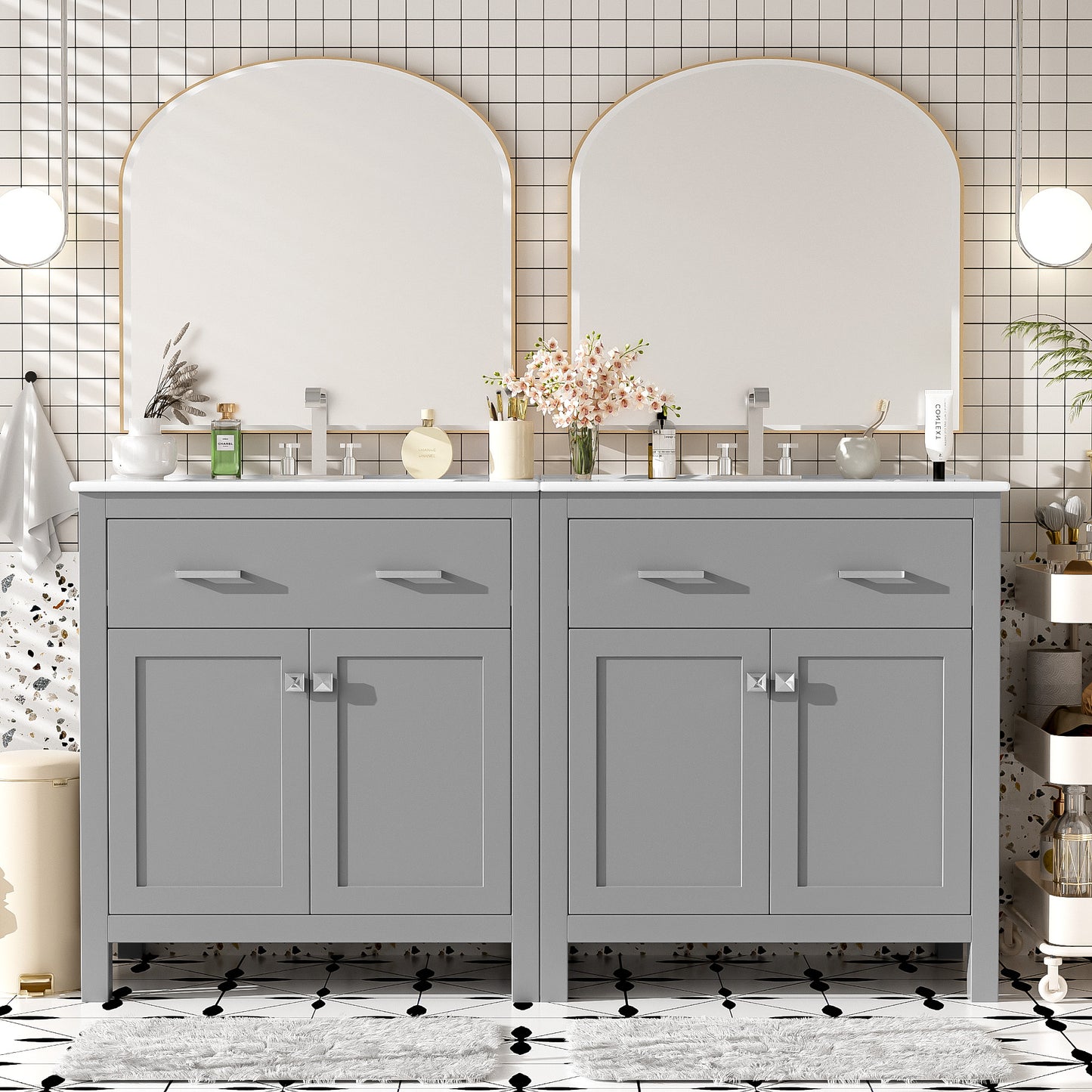 VanityFus 60-in Double Sink Combo Bathroom Vanity Gray with White Ceramic Top 4 Soft-Close Doors 2 drawer