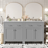 VanityFus 60-in Double Sink Combo Bathroom Vanity Gray with White Ceramic Top 4 Soft-Close Doors 2 drawer