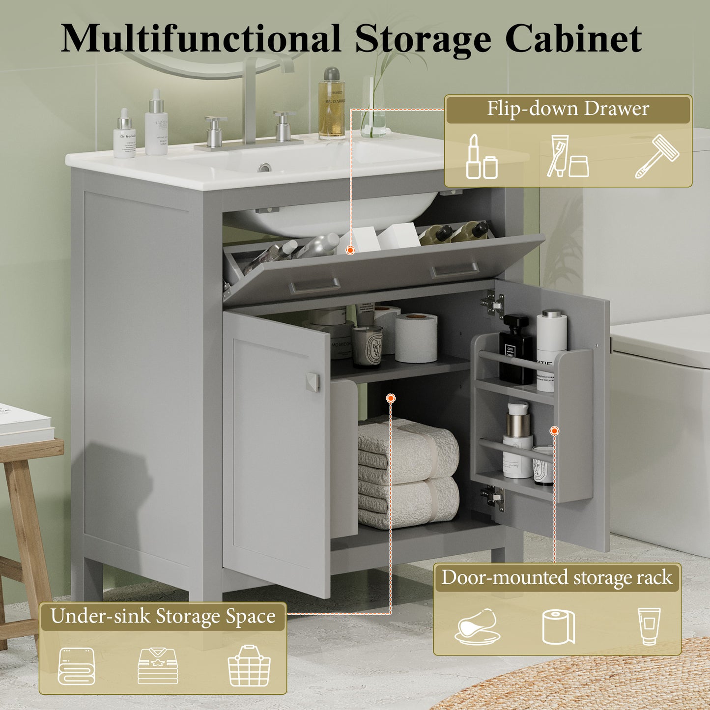 VanityFus 60-in Double Sink Combo Bathroom Vanity Gray with White Ceramic Top 4 Soft-Close Doors 2 drawer