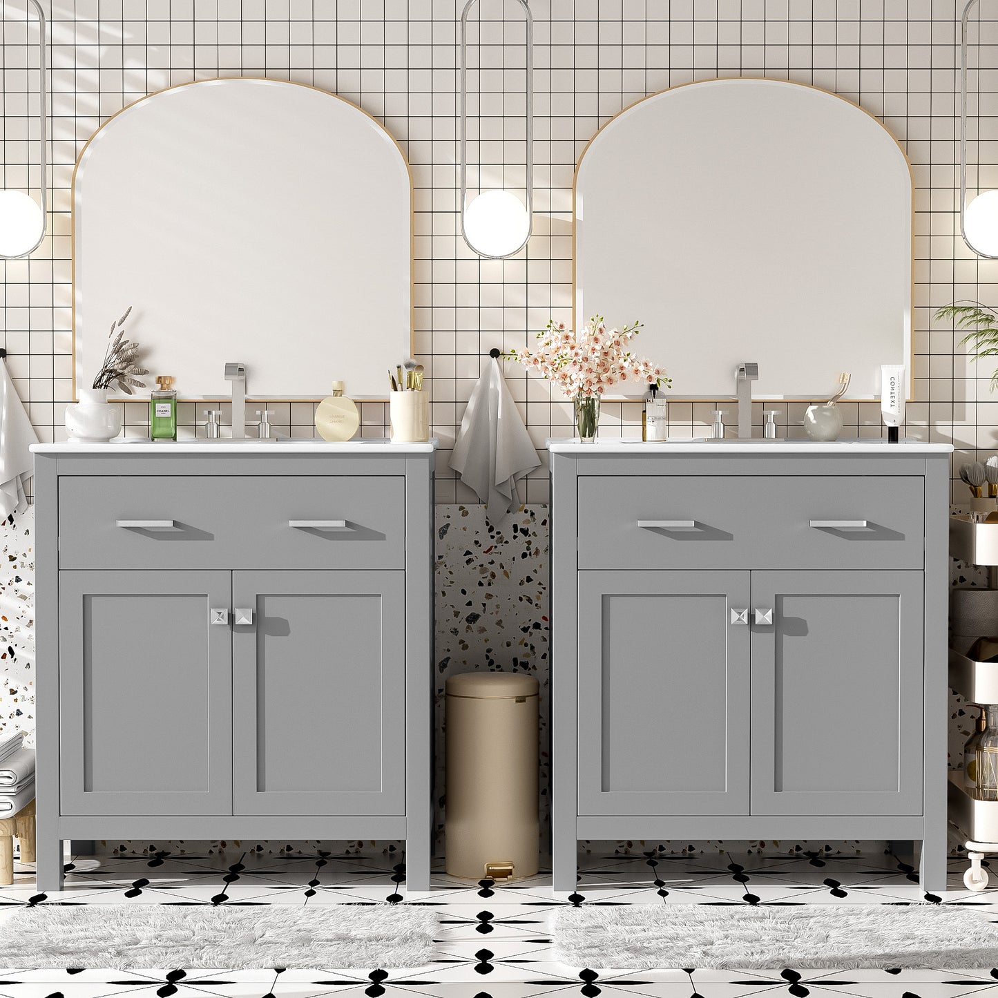 VanityFus 60-in Double Sink Combo Bathroom Vanity Gray with White Ceramic Top 4 Soft-Close Doors 2 drawer