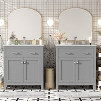 VanityFus 60-in Double Sink Combo Bathroom Vanity Gray with White Ceramic Top 4 Soft-Close Doors 2 drawer