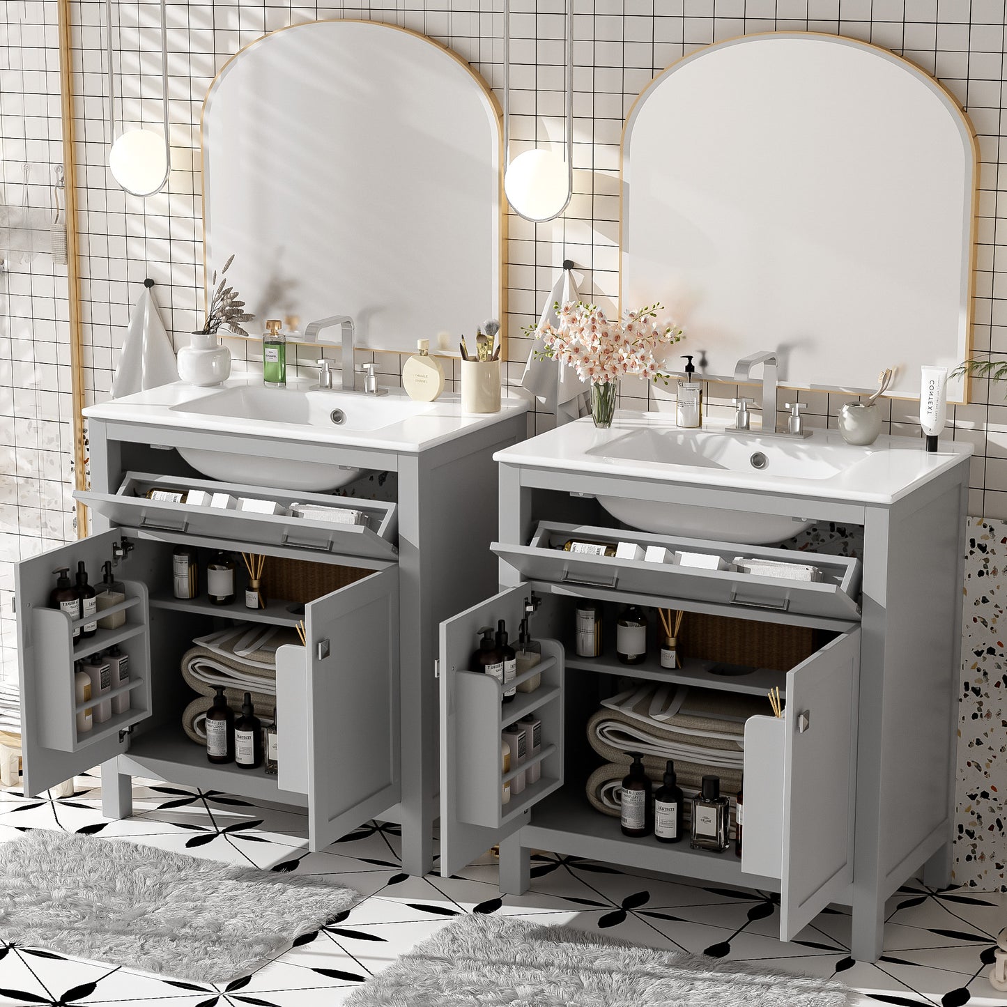 VanityFus 60-in Double Sink Combo Bathroom Vanity Gray with White Ceramic Top 4 Soft-Close Doors 2 drawer
