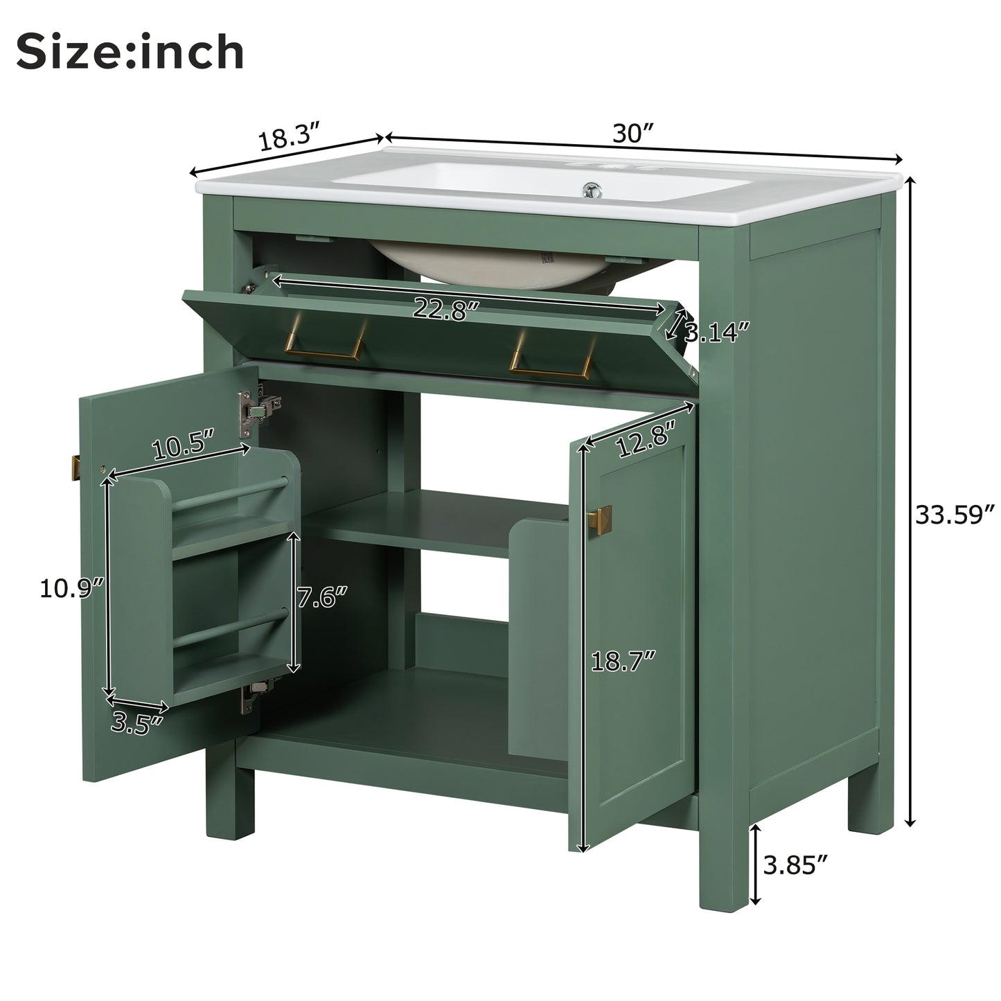 VanityFus 60-in Double Sink Combo Bathroom Vanity Green with White Ceramic Top 4 Soft-Close Doors 2 drawer