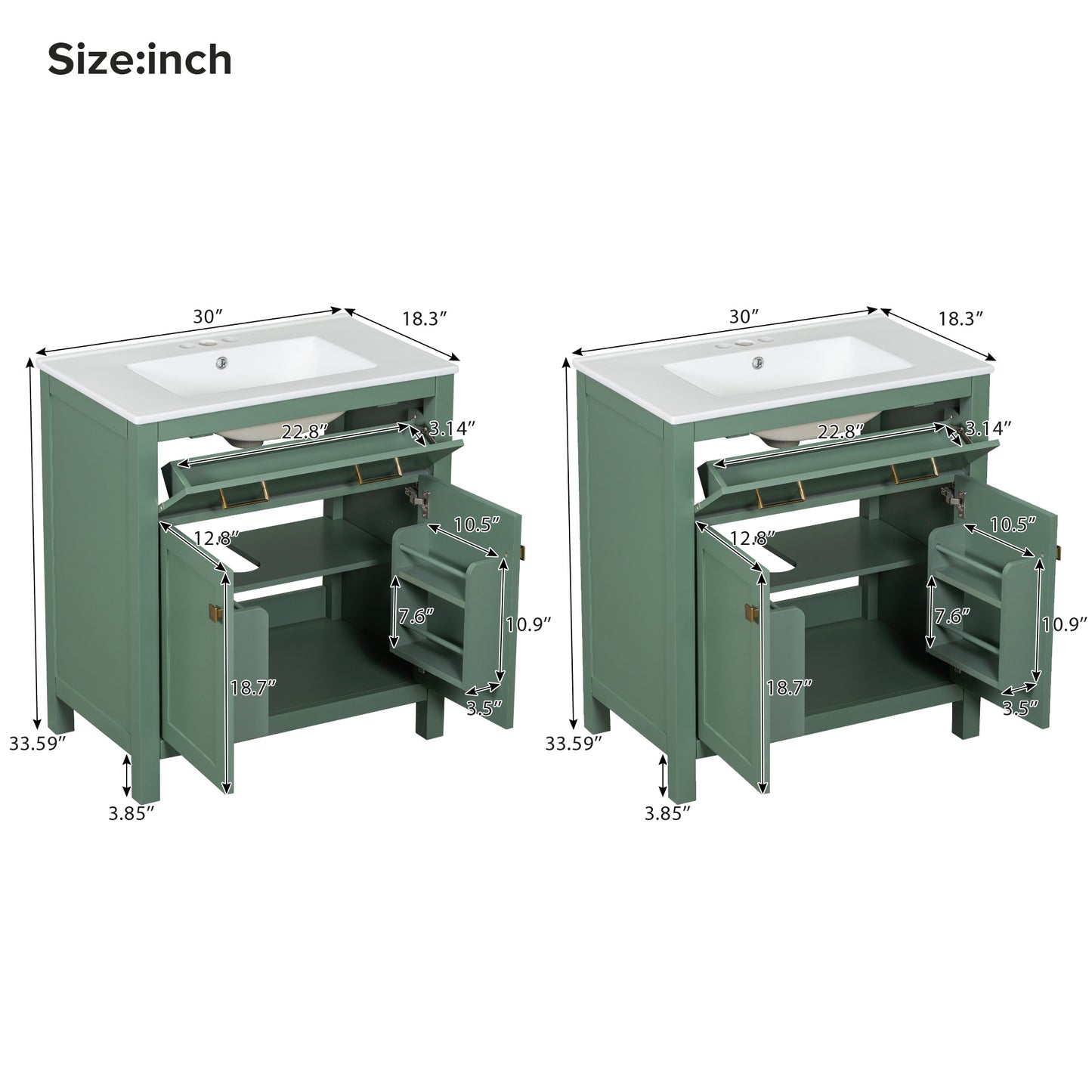 VanityFus 60-in Double Sink Combo Bathroom Vanity Green with White Ceramic Top 4 Soft-Close Doors 2 drawer