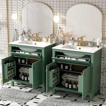 VanityFus 60-in Double Sink Combo Bathroom Vanity Green with White Ceramic Top 4 Soft-Close Doors 2 drawer