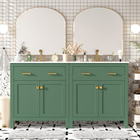 VanityFus 60-in Double Sink Combo Bathroom Vanity Green with White Ceramic Top 4 Soft-Close Doors 2 drawer