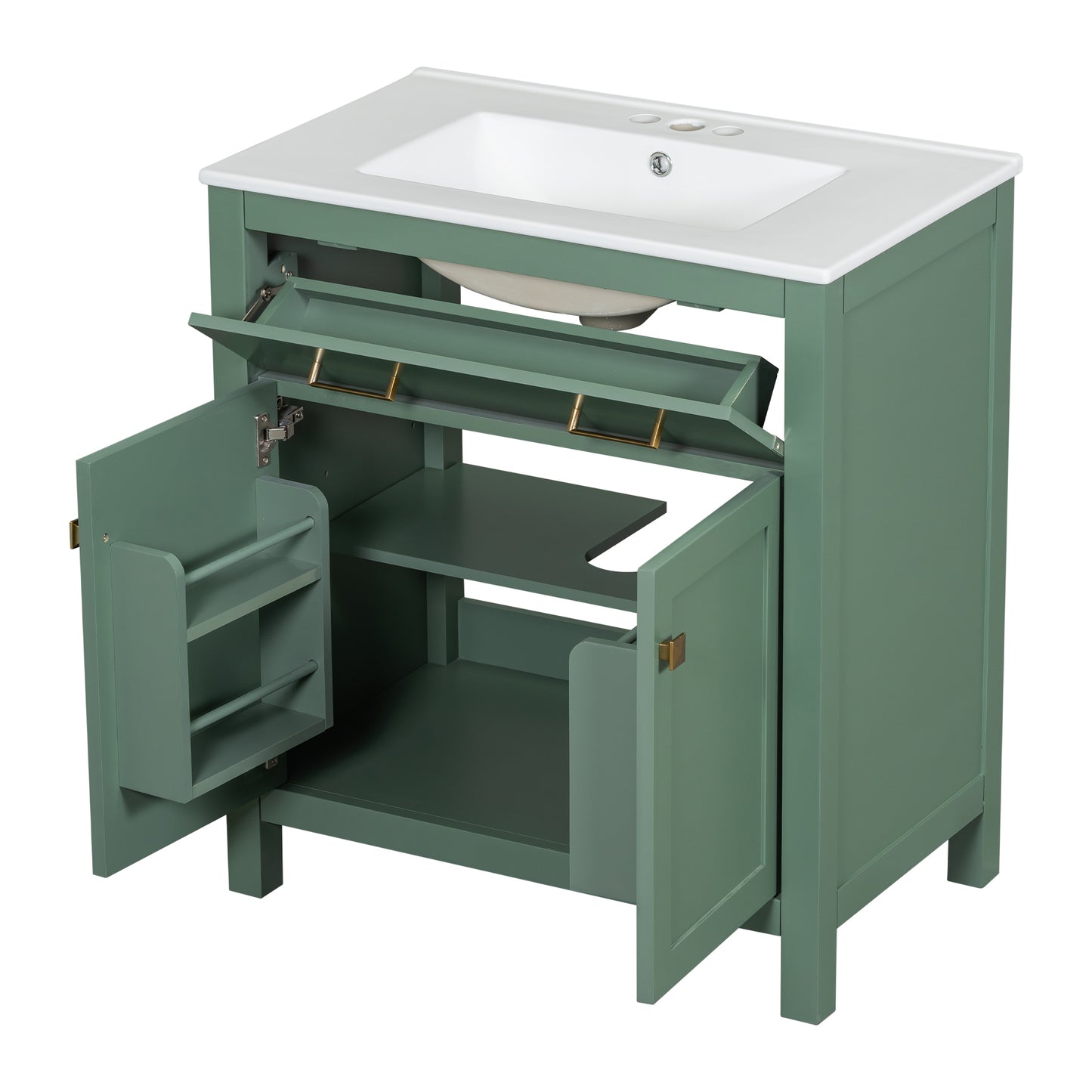 VanityFus 60-in Double Sink Combo Bathroom Vanity Green with White Ceramic Top 4 Soft-Close Doors 2 drawer