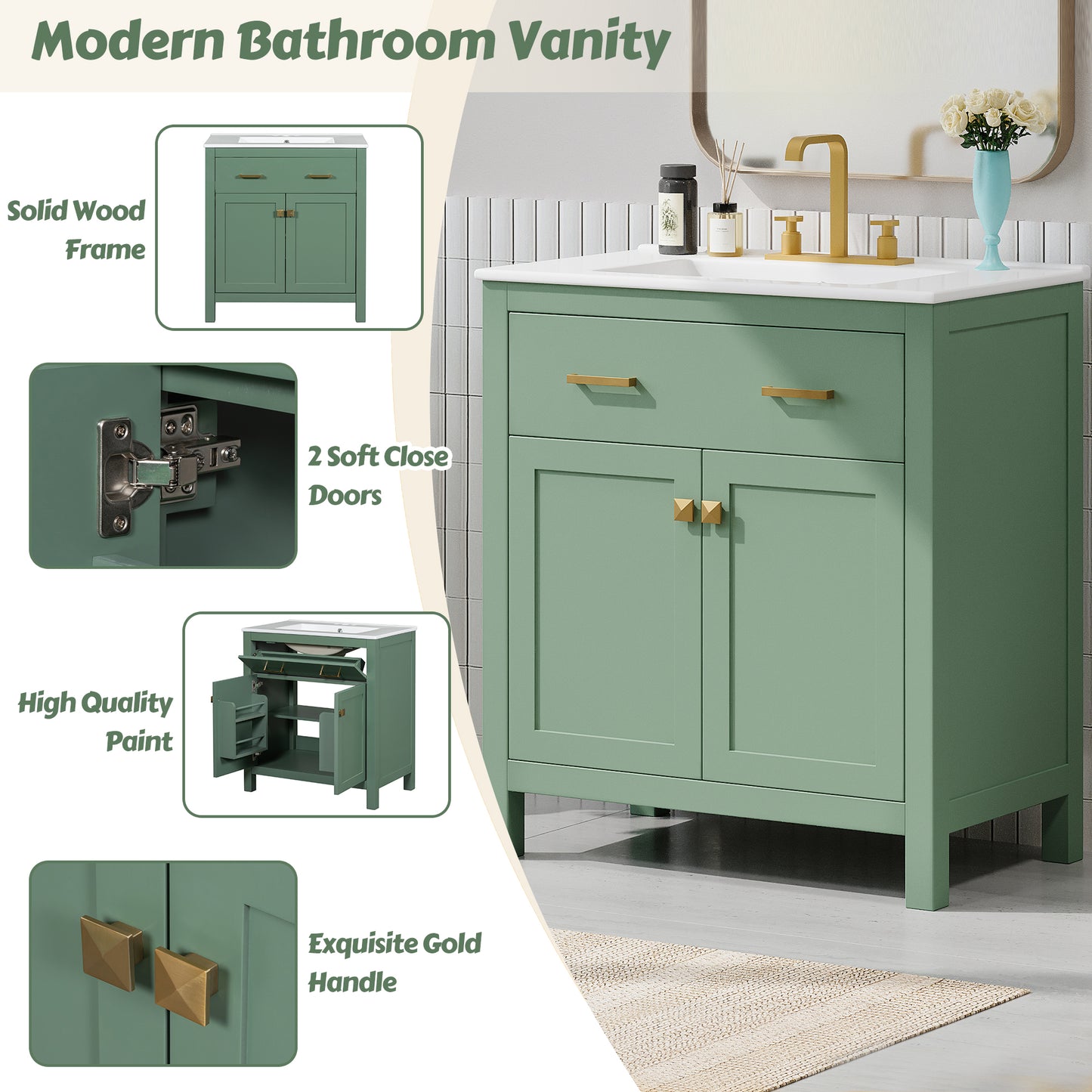 VanityFus 60-in Double Sink Combo Bathroom Vanity Green with White Ceramic Top 4 Soft-Close Doors 2 drawer