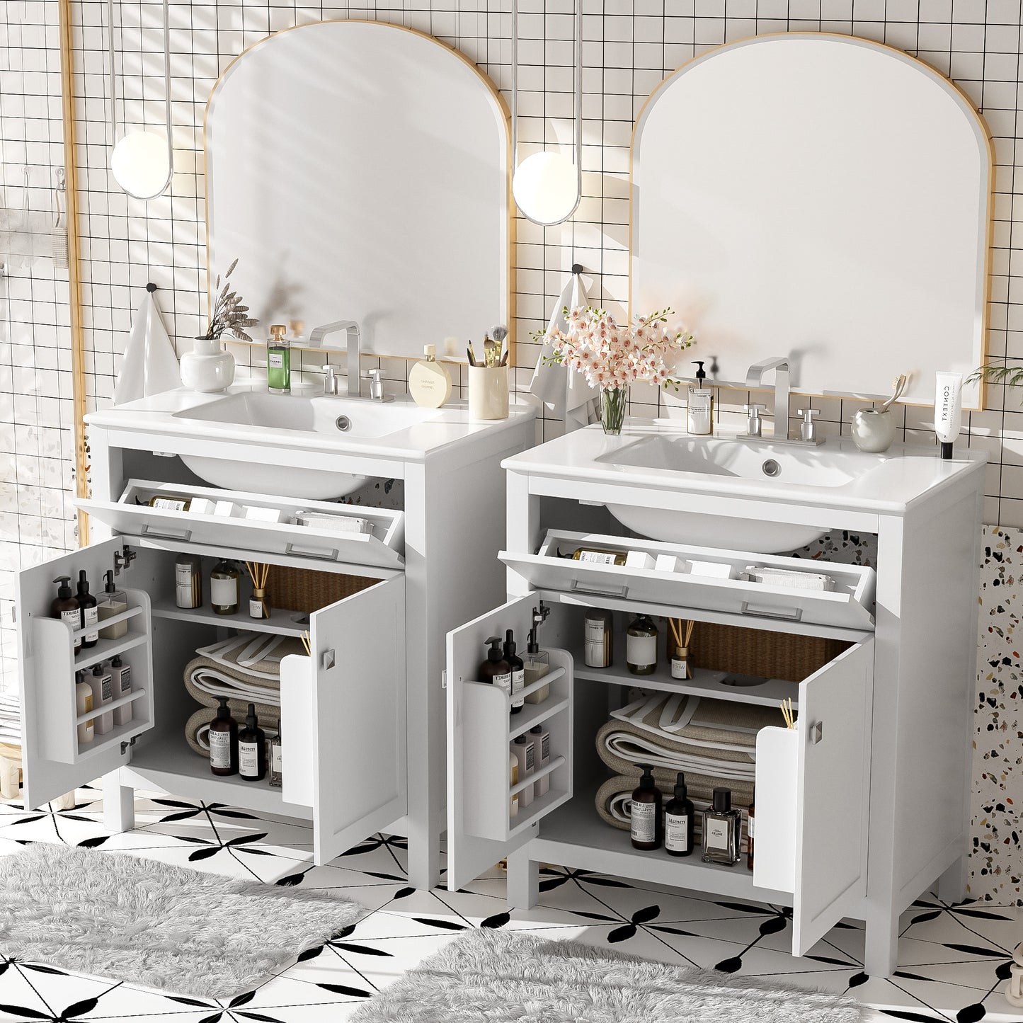 VanityFus 60-in Bathroom Vanity Double Sink Combo White with Ceramic Top 4 Soft-Close Doors 2 drawer