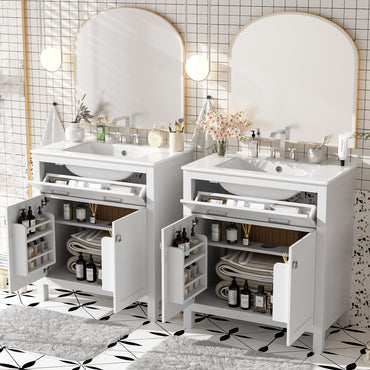 VanityFus 60-in Bathroom Vanity Double Sink Combo White with Ceramic Top 4 Soft-Close Doors 2 drawer