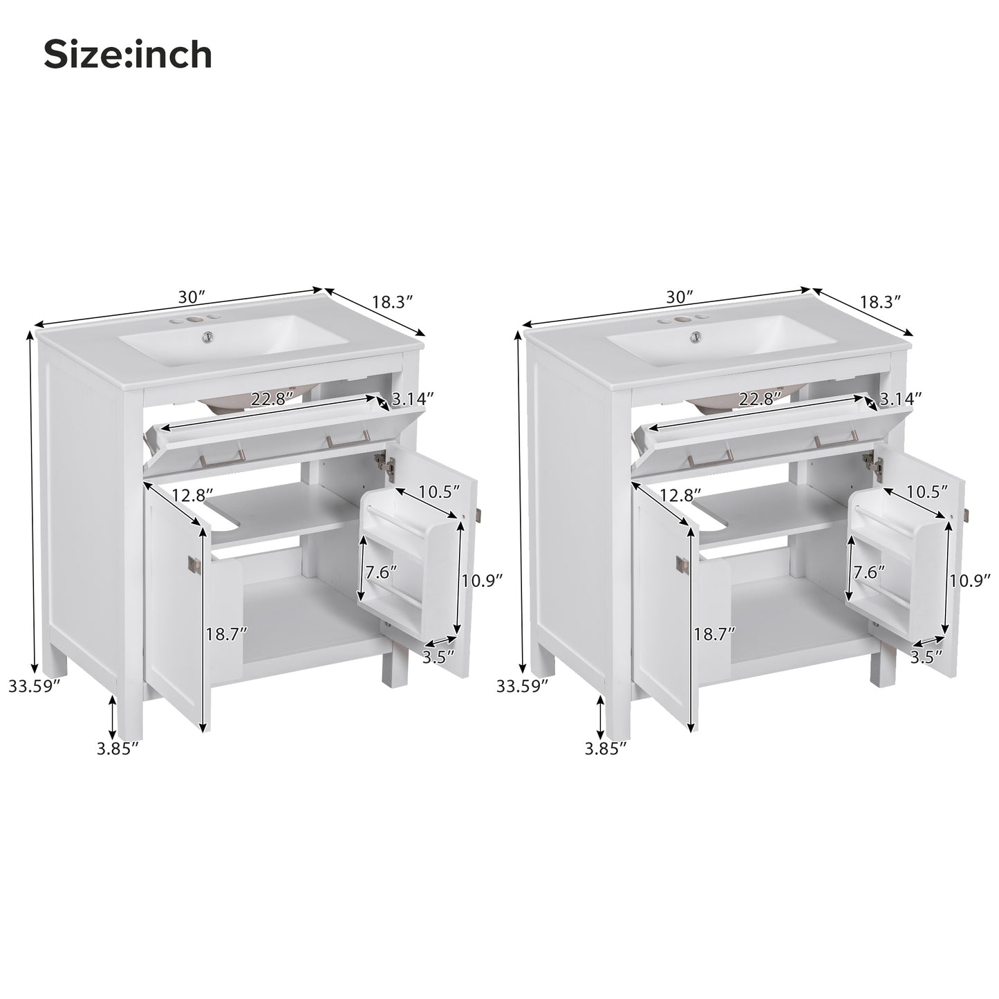 VanityFus 60-in Bathroom Vanity Double Sink Combo White with Ceramic Top 4 Soft-Close Doors 2 drawer