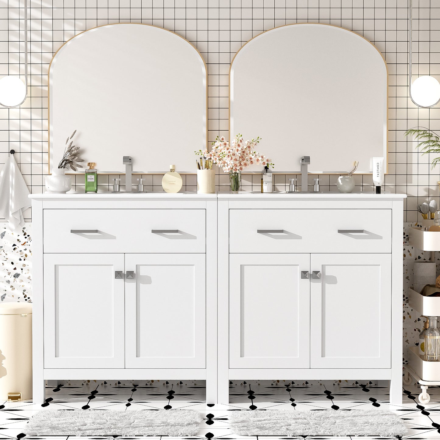 VanityFus 60-in Bathroom Vanity Double Sink Combo White with Ceramic Top 4 Soft-Close Doors 2 drawer