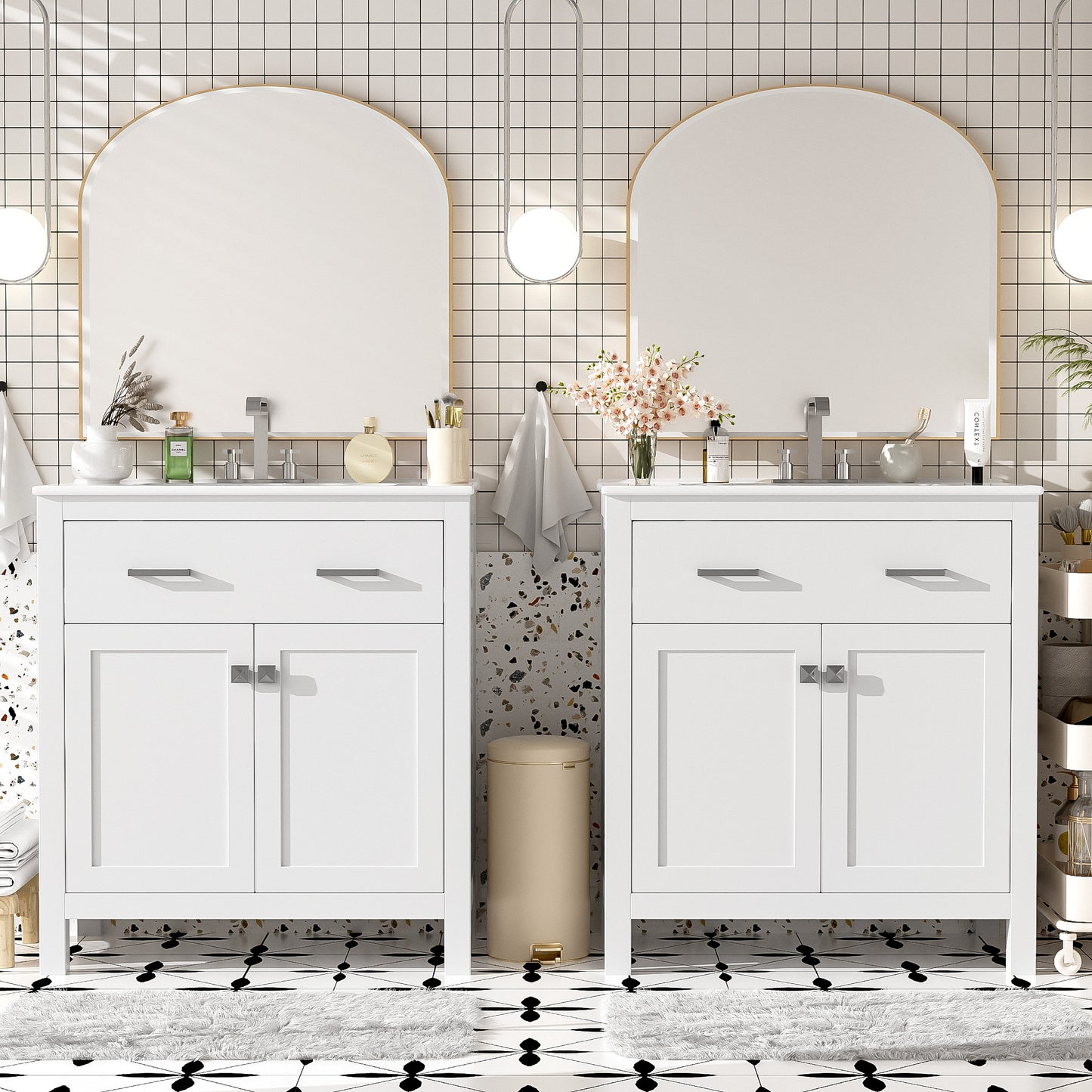 VanityFus 60-in Bathroom Vanity Double Sink Combo White with Ceramic Top 4 Soft-Close Doors 2 drawer