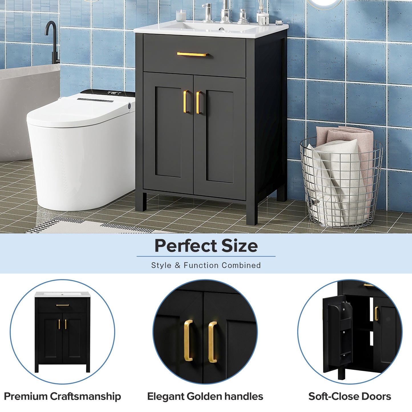 VanityFus 48-in Black Bathroom Vanity with Double Sink Combo Undermount Ceramic Top 4 Soft-Close Doors 2 drawer
