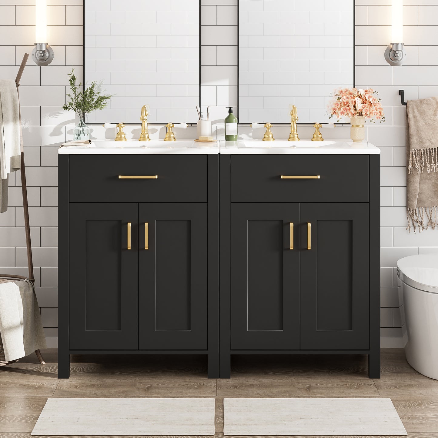 VanityFus 48-in Black Bathroom Vanity with Double Sink Combo Undermount Ceramic Top 4 Soft-Close Doors 2 drawer