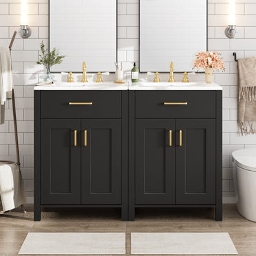 VanityFus 48-in Black Bathroom Vanity with Double Sink Combo Undermount Ceramic Top 4 Soft-Close Doors 2 drawer