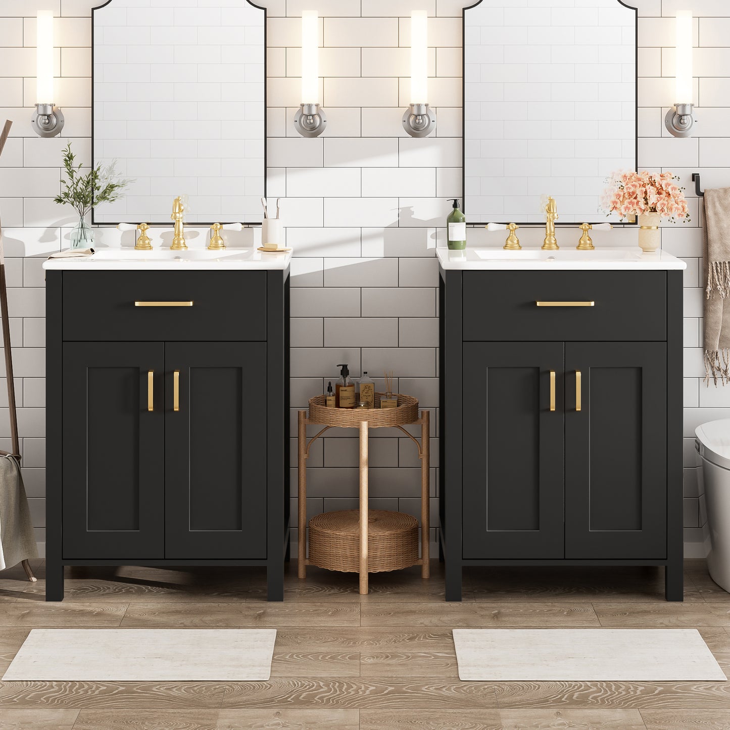 VanityFus 48-in Black Bathroom Vanity with Double Sink Combo Undermount Ceramic Top 4 Soft-Close Doors 2 drawer