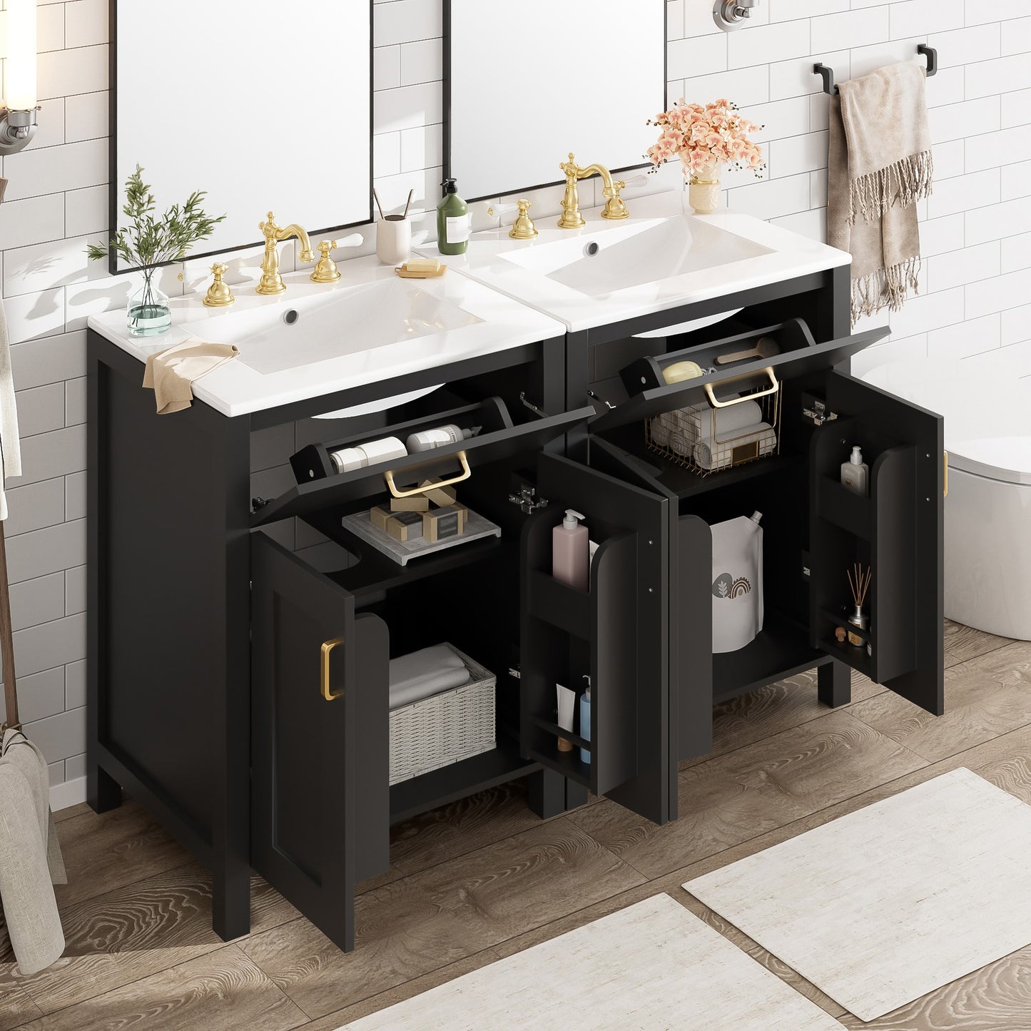 VanityFus 48-in Black Bathroom Vanity with Double Sink Combo Undermount Ceramic Top 4 Soft-Close Doors 2 drawer