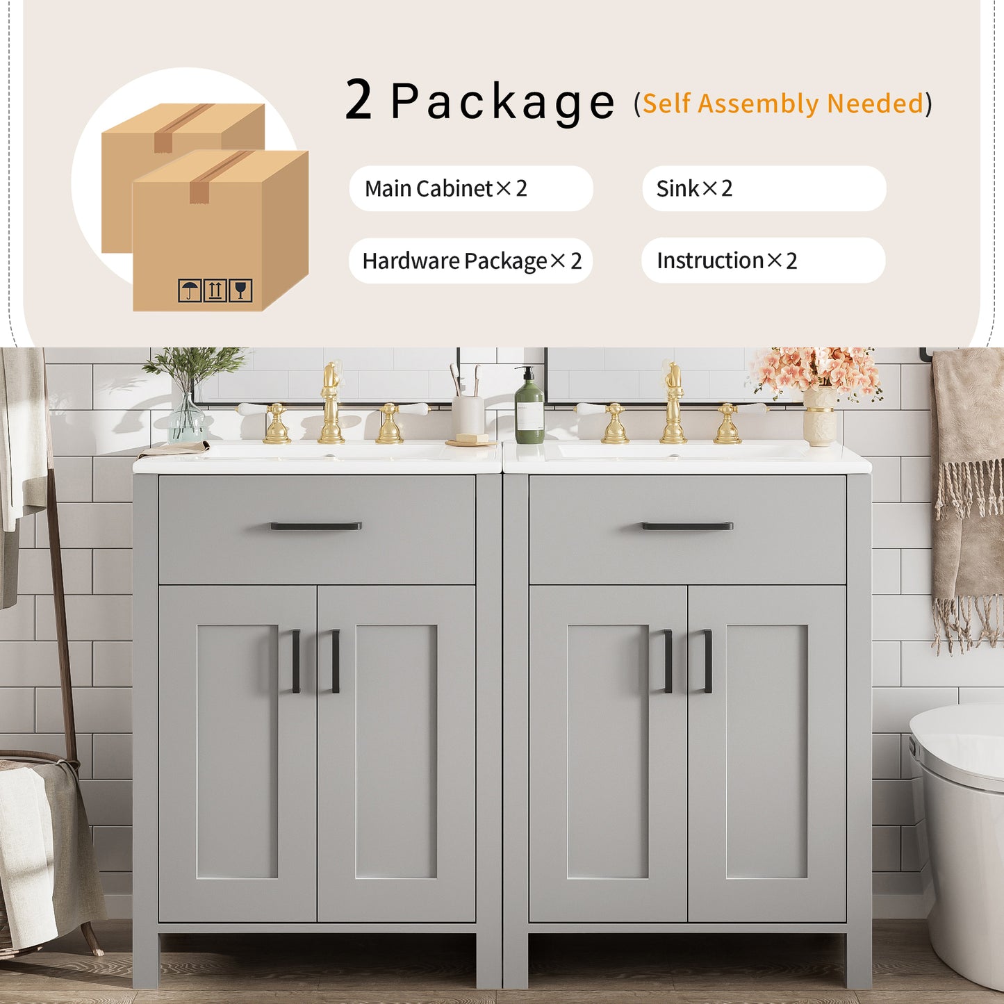 VanityFus 48-in Gray Bathroom Vanity with Double Sink Combo Undermount White Ceramic Top 4 Soft-Close Doors 2 drawer