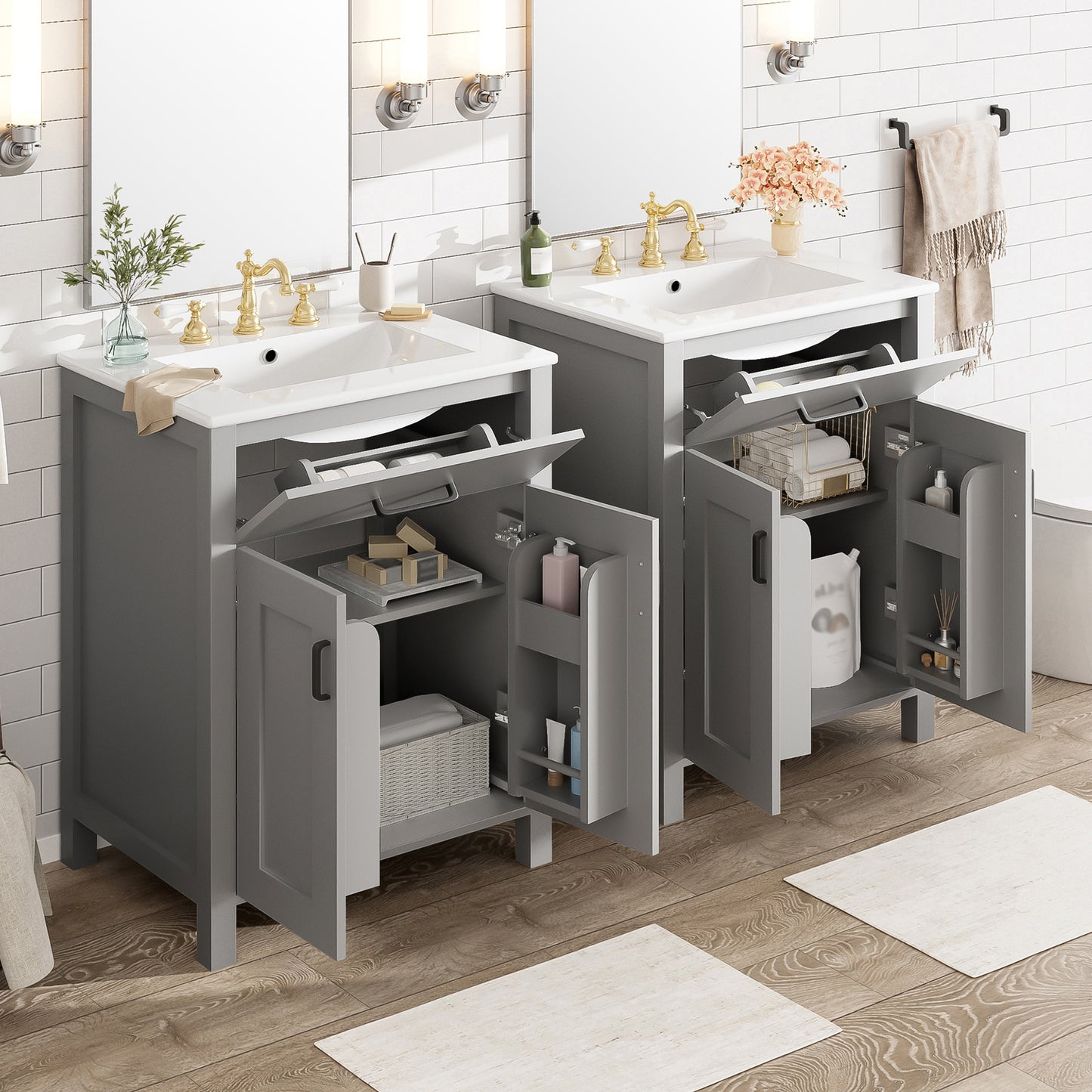 VanityFus 48-in Gray Bathroom Vanity with Double Sink Combo Undermount White Ceramic Top 4 Soft-Close Doors 2 drawer