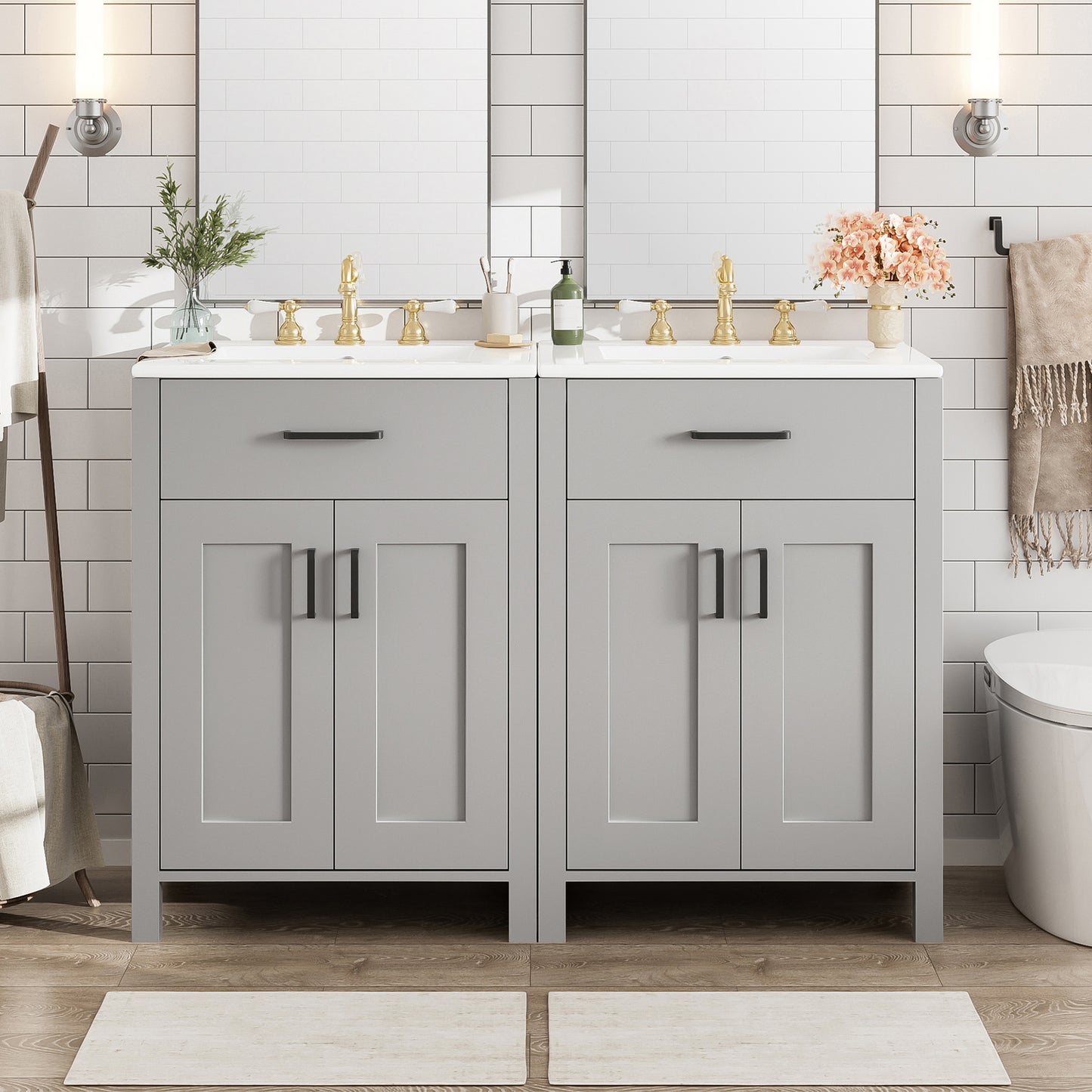 VanityFus 48-in Gray Bathroom Vanity with Double Sink Combo Undermount White Ceramic Top 4 Soft-Close Doors 2 drawer