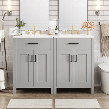 VanityFus 48-in Gray Bathroom Vanity with Double Sink Combo Undermount White Ceramic Top 4 Soft-Close Doors 2 drawer