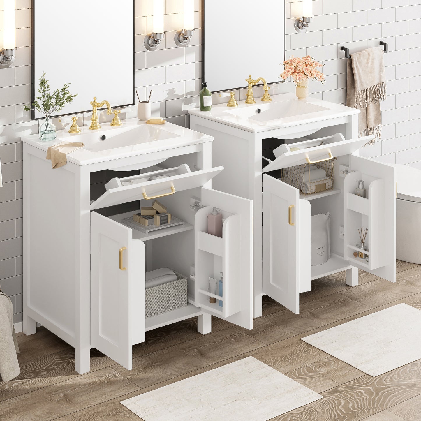 VanityFus 48-in Bathroom Vanity with Double Sink Combo White Ceramic Top 4 Soft-Close Doors 2 drawer
