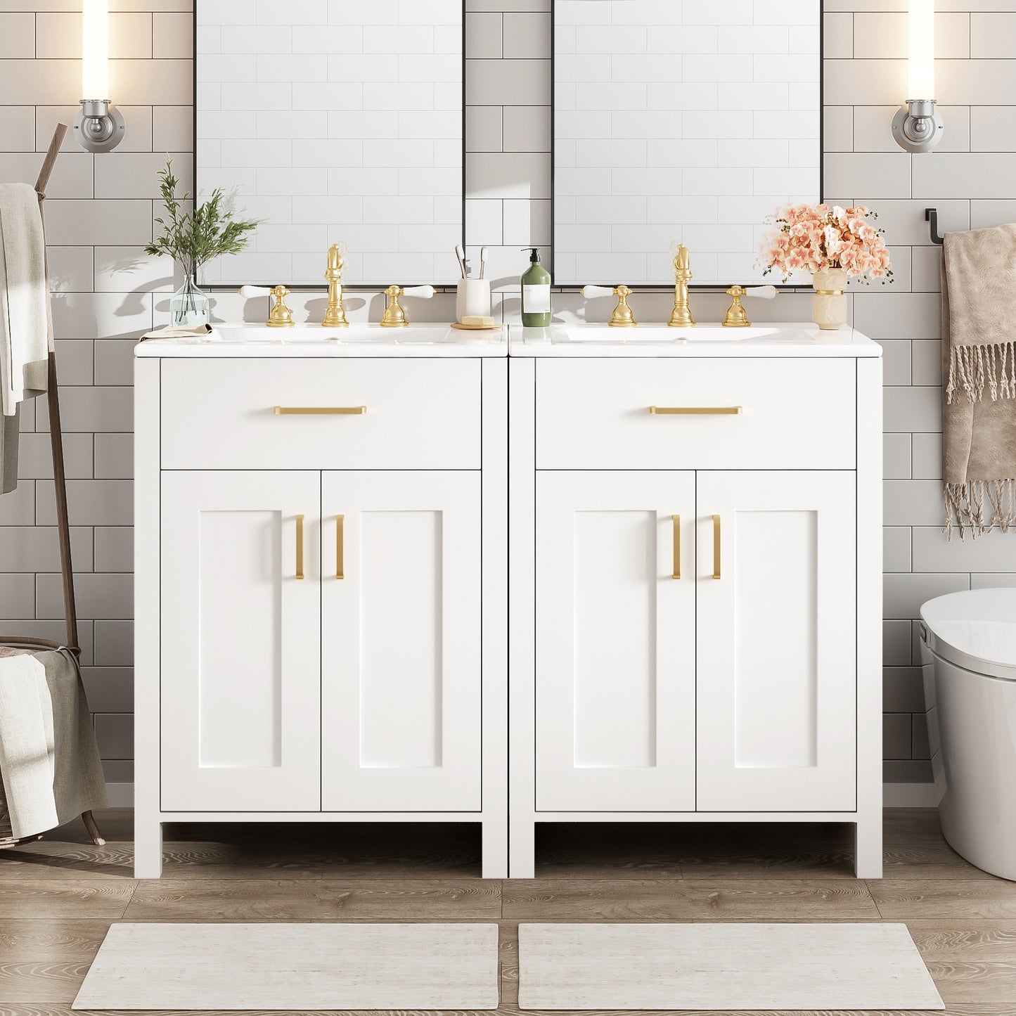 VanityFus 48-in Bathroom Vanity with Double Sink Combo White Ceramic Top 4 Soft-Close Doors 2 drawer