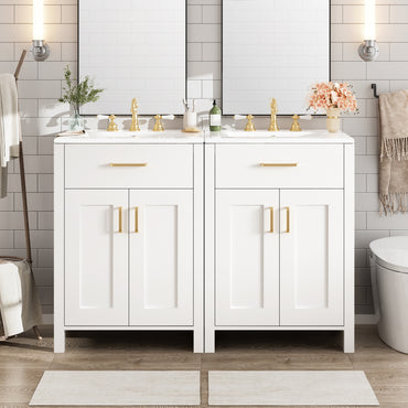 VanityFus 48-in Bathroom Vanity with Double Sink Combo White Ceramic Top 4 Soft-Close Doors 2 drawer