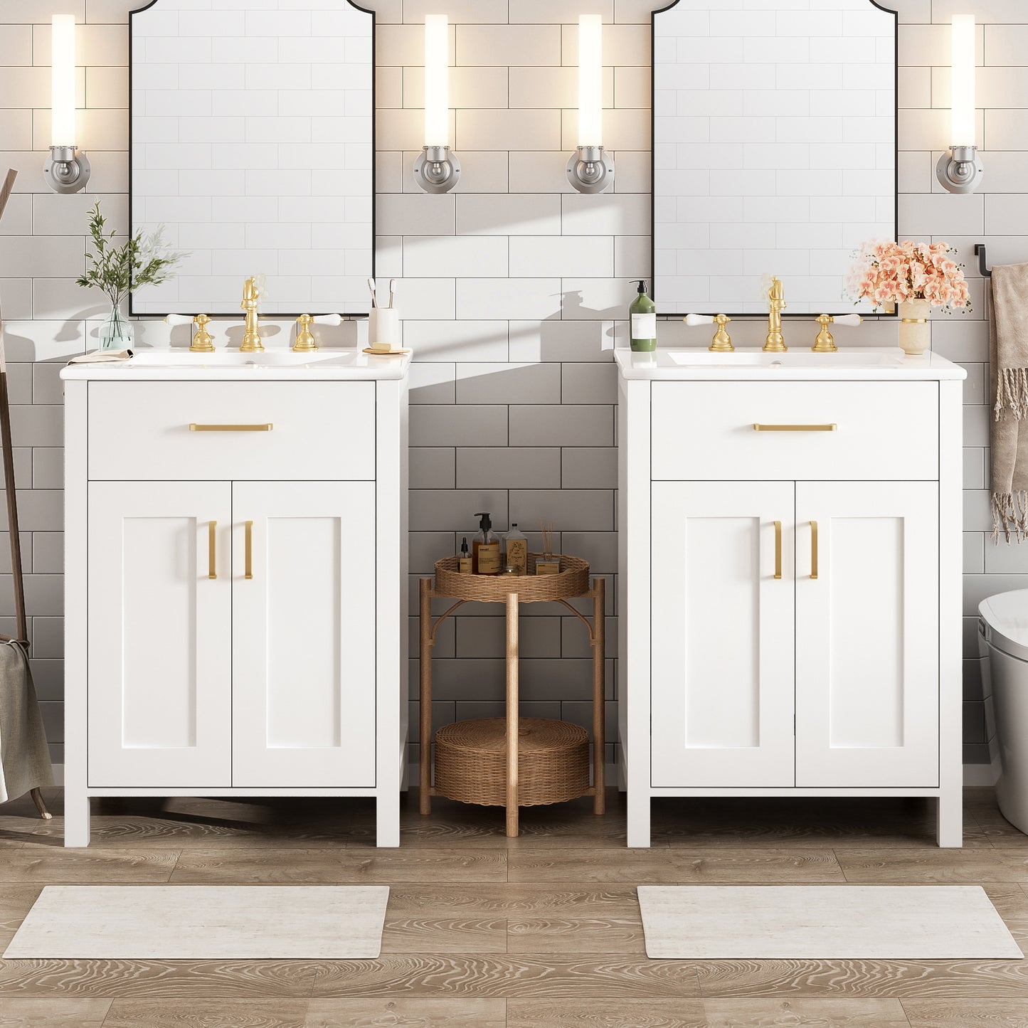 VanityFus 48-in Bathroom Vanity with Double Sink Combo White Ceramic Top 4 Soft-Close Doors 2 drawer