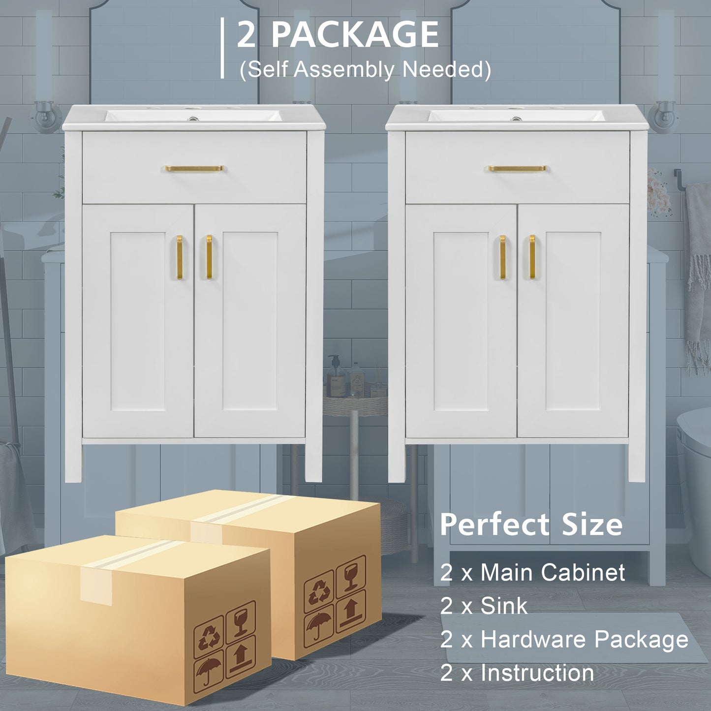 VanityFus 48-in Bathroom Vanity with Double Sink Combo White Ceramic Top 4 Soft-Close Doors 2 drawer
