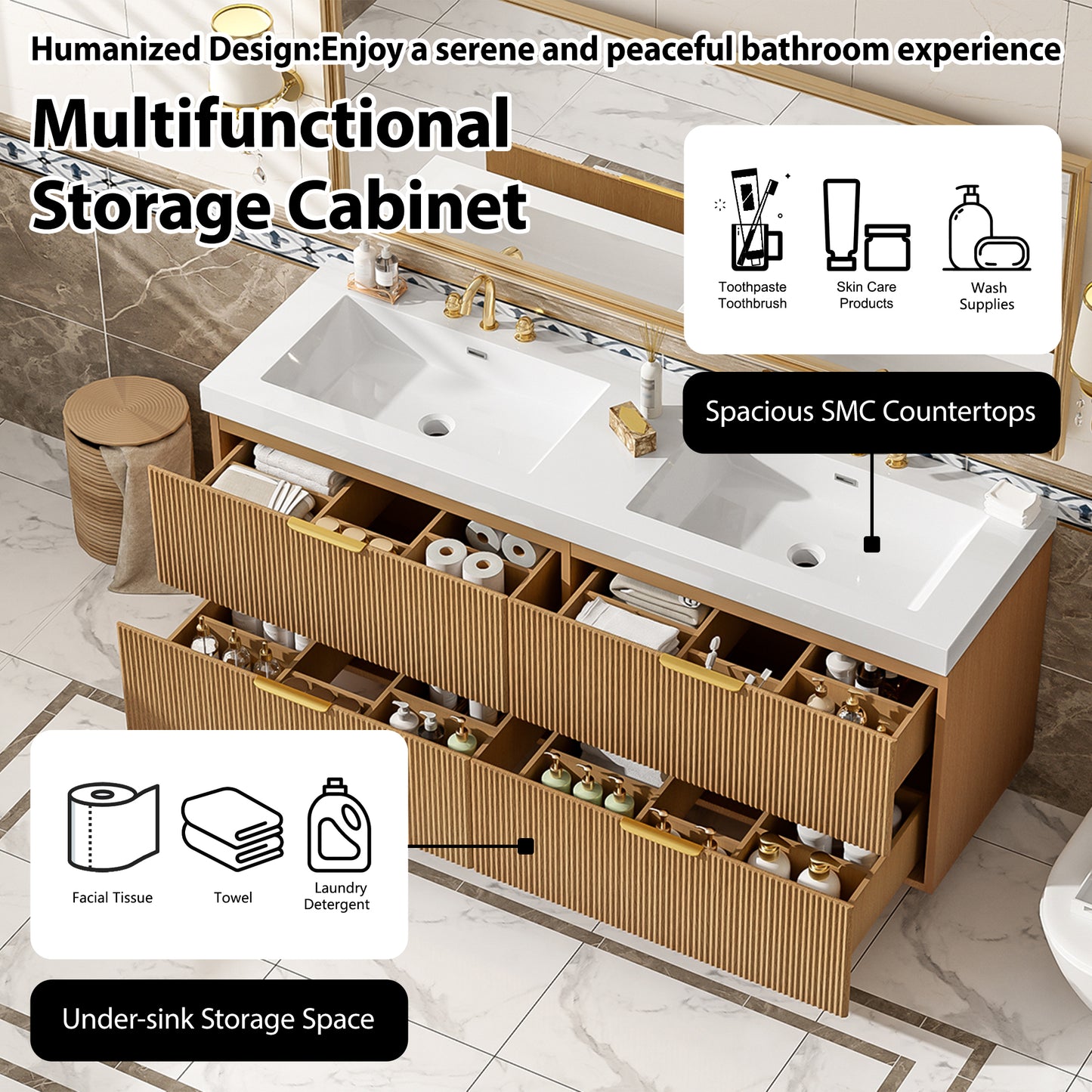 VanityFus 59.3-in Wood Bathroom Vanity Dougle Sink Combo White Ceramic Top 4 Drawers